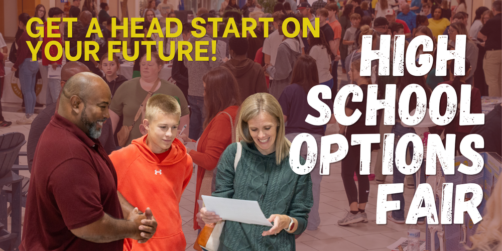 High School Options Fair header image with a photograph of a large crowd of people in a mall setting with three people in the foreground looking at a flyer together and smiling. There is text on the top that says GET A HEAD START ON YOUR FUTURE! and text on the right that says HIGH SCHOOL OPTIONS FAIR