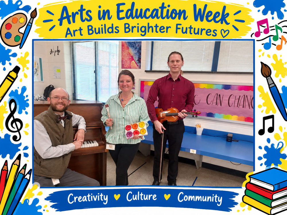 This shows three arts in education teachers standing next to each other in a music room.