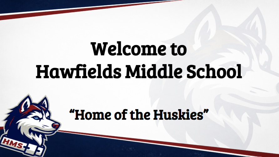 Maroon and Navy Husky Mascot with beginning slide welcome for 6th graders