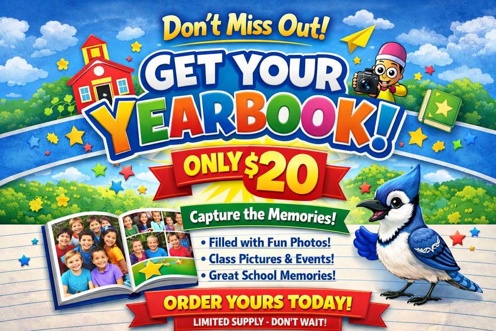 yearbook sales ad with colorful letters Don't Miss Out Get Your Yearbook! Only $20. There is a blue jay image on the right side of the image. There's an open yearbook image on the lower left hand side of the image. There's a blue sky in the top with white clouds.