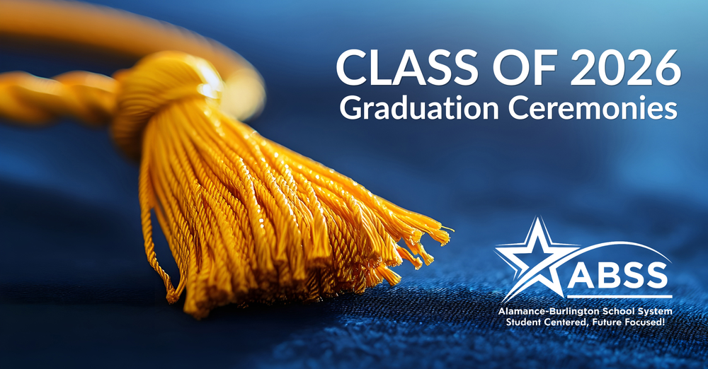 Close up macro photograph of a yellow tassel on a blue graduation cap.  On the right is white text CLASS OF 2026 Graduation Ceremonies.  The ABSS logo is on the bottom right.