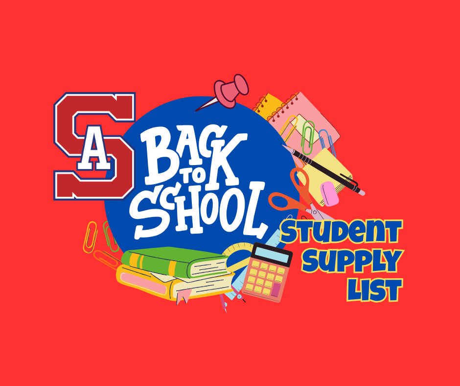 icons of stu supplies - SA back to school student supply list, red bkgrnd, white and blue text