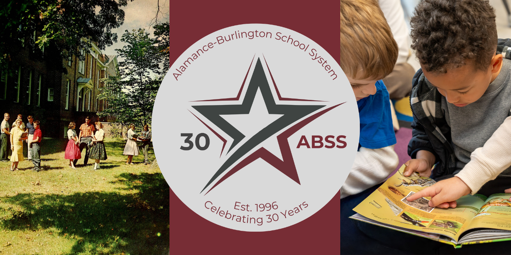 An old photograph of a school with students in dresses and collared shirts on the front lawn. On the right is a modern photo of young boys reading a book. In the middle is a burgundy solid color background with a large silver ABSS 30 Years special logo.