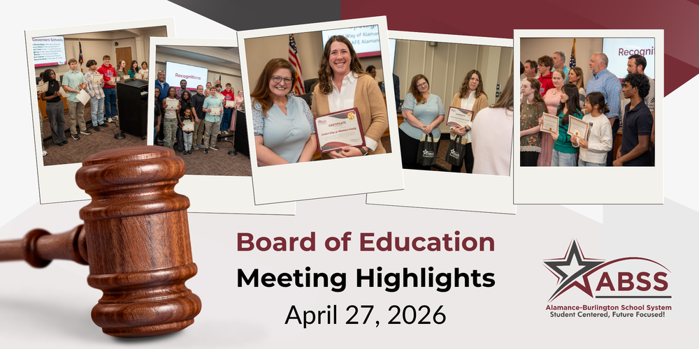 Board of Education meeting highlights for April 27, 2026 with five photos from the meeting highlighting the recognitions components