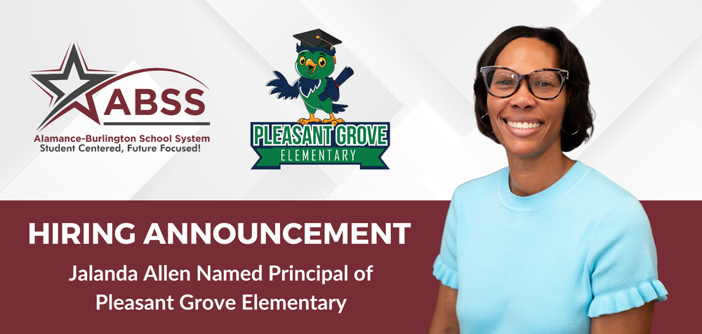 Hiring Announcement with ABSS and Pleasant Grove logos, a portrait of Jalanda Allen wearing a blue shirt, and text HIRING ANNOUNCEMENT Jalanda Allen Named Principal of Pleasant Grove Elementary