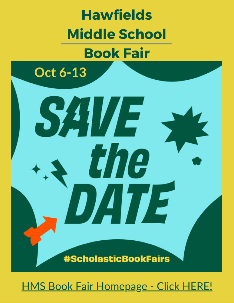 Yellow, green and teal save the date flyer for hms book fair