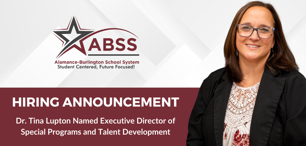 Hiring announcement graphic with picture of Dr. Lipton wearing a floral shirt and black jacket. There is an ABSS logo centered on left side. Text at bottom says HIRING ANNOUNCEMENT, Dr. Tina Lupton Named Executive Director of Special Programs and Talent Development