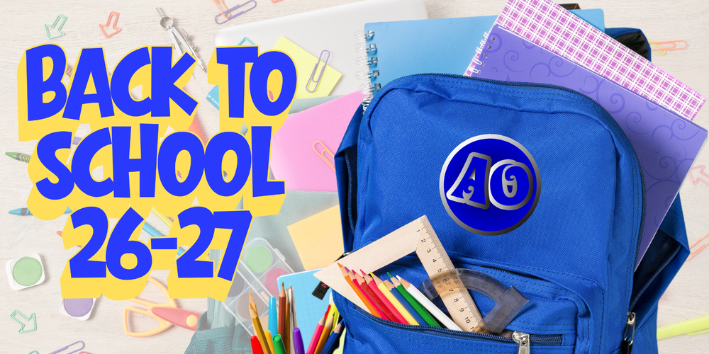 Various school supplies laid out across a table and a blue backpack with a AO logo overlaid and text BACK TO SCHOOL 26-27