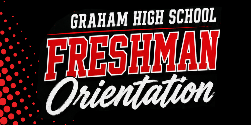 A comic-book style header image with text FRESHMAN ORIENTATION in red and white gradient font