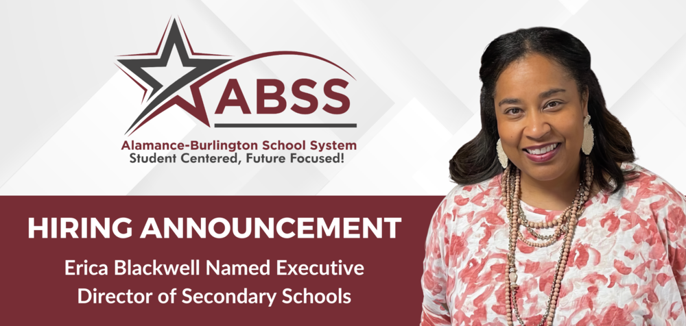 Erica Blackwell hiring announcement for being named Executive Director of Secondary Schools. Erica is wearing a pink floral shirt in her portrait.