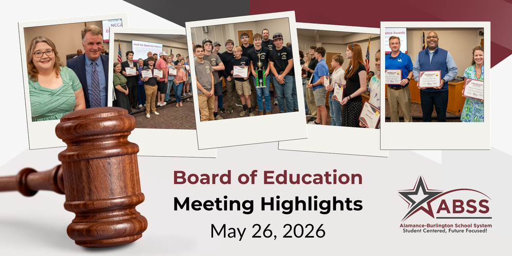 Board of Education May 26, 2026 highlight banner showing five moments from the recognitions portion of the meeting, a large gavel in the foreground