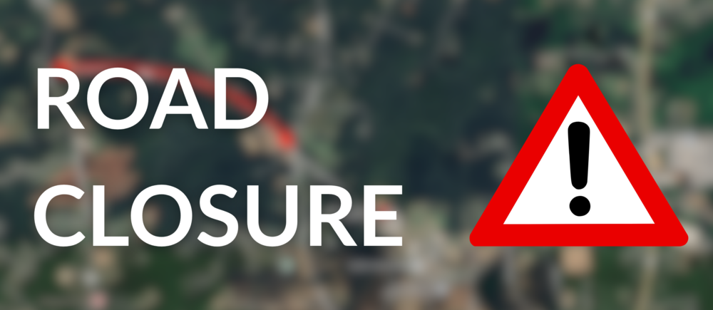 Road Closure graphic with a blurred aerial map