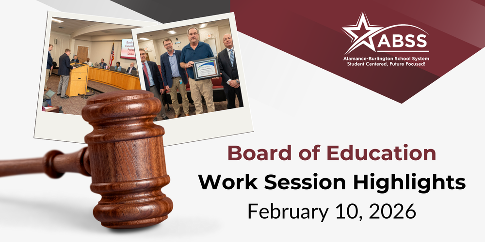 Board of Education work session highlights with two photos of district staff award presentation