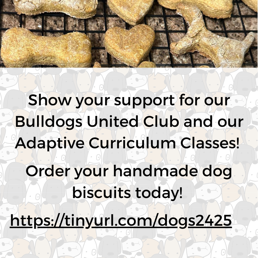 Dog biscuits with a dog background and black lettering.