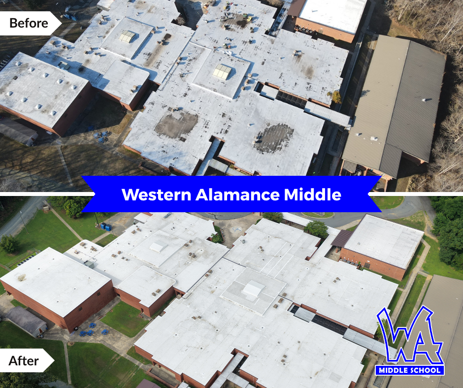 Before and after aerial images of Western Alamance Middle showing roof construction