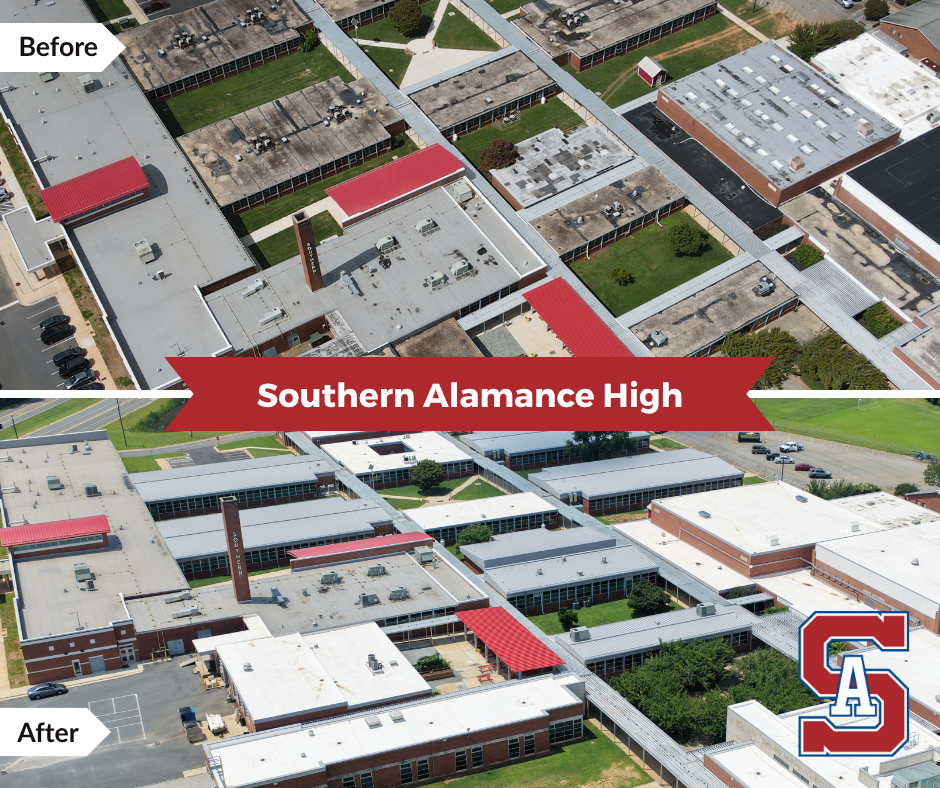 Before and after aerial images of Southern Alamance High showing roof construction