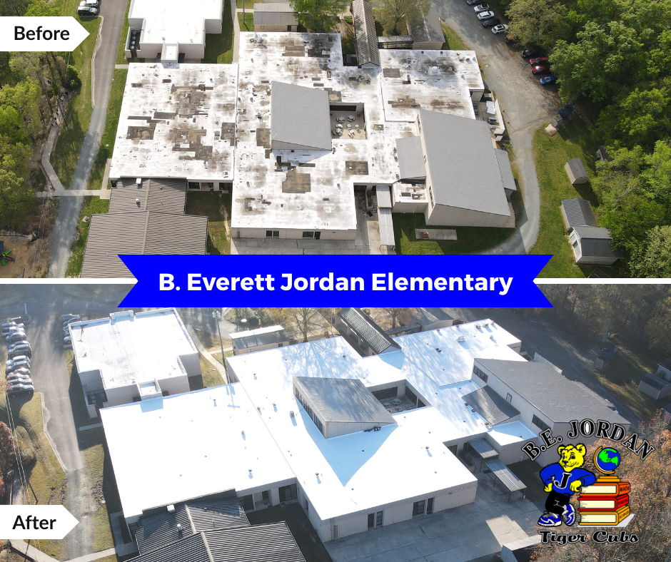 Before and after aerial images of B. Everett Jordan showing roof construction