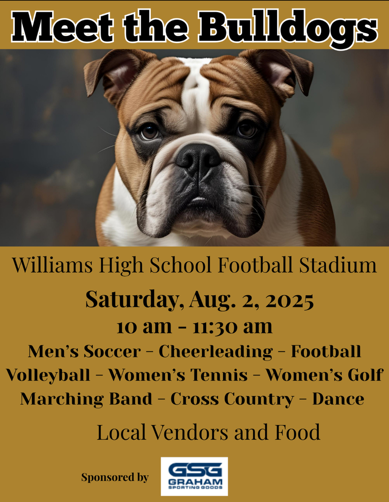 Yellow background with black writing and bulldog image