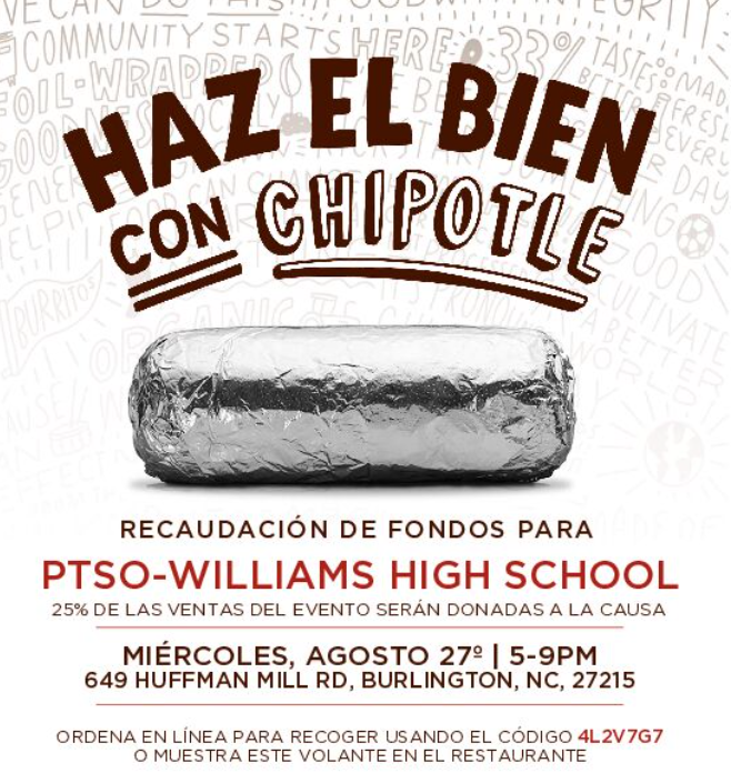 Burrito wrapped in foil with red and bergundy lettering