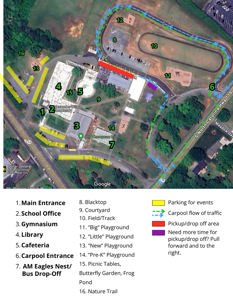 aerial map of the school to include descriptors of the main parts of the campus (Main entrance, office, gym, library, cafeteria, carpool, bus)