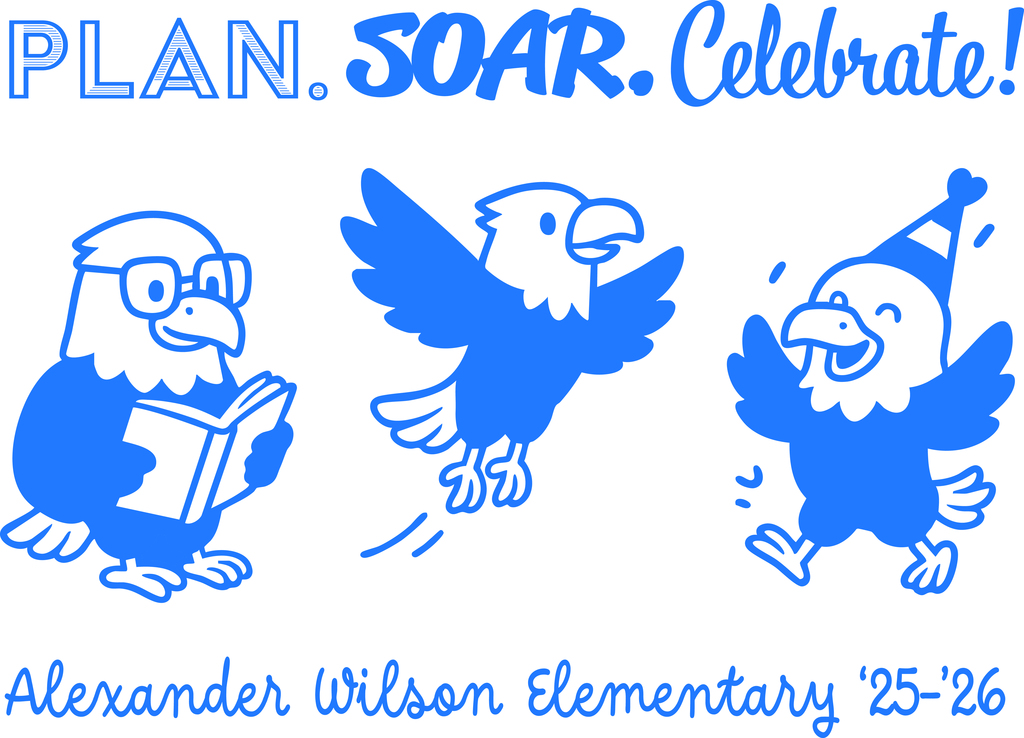 AWE's Plan, SOAR, Celebrate logos with 3 cute eagles holding a book, flying, and with a party hat.