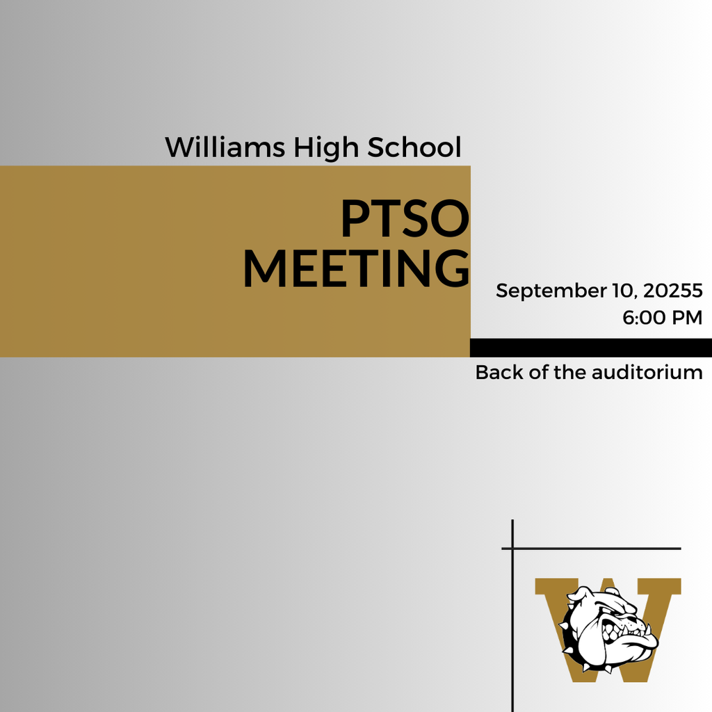 Gray to white gradient background, gold box with black writing and the Williams Bulldog Symbol