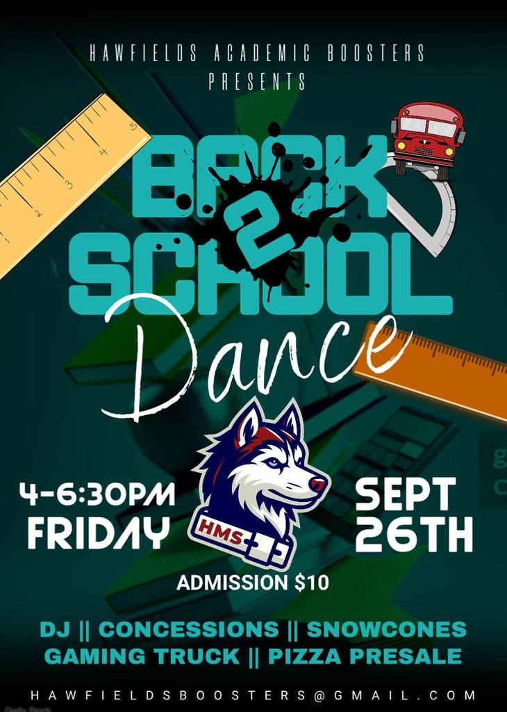 Green flyer with BACK 2 SCHOOL Dance and dance info included. Rulers and a red bus also included.