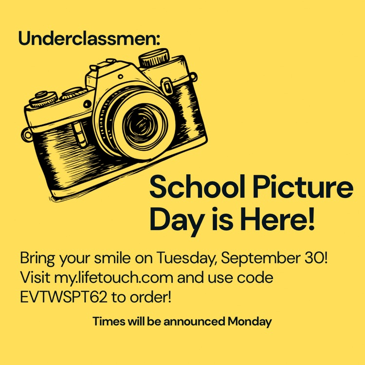 Yellow background with black lettering and a black camera