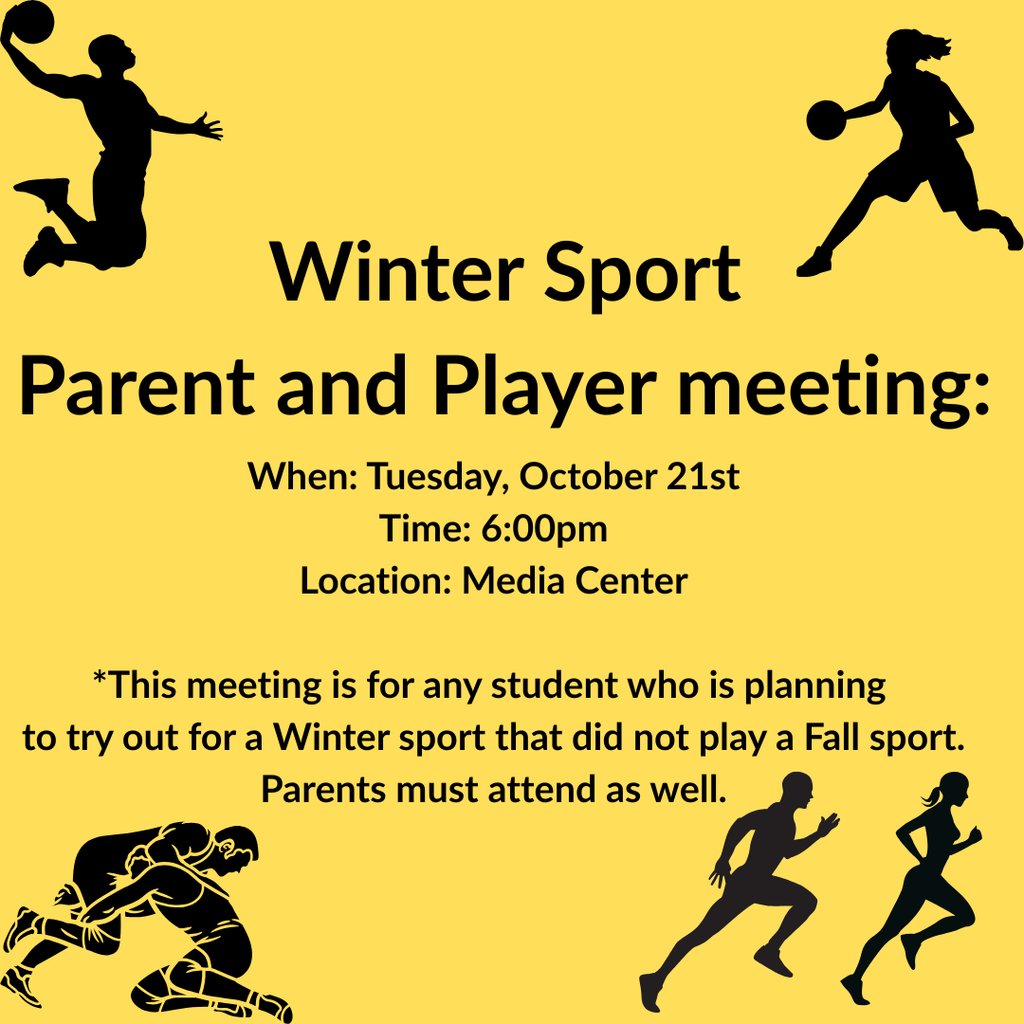Yellow background with black writing and black images of runners, wrestlers, and basketball players.