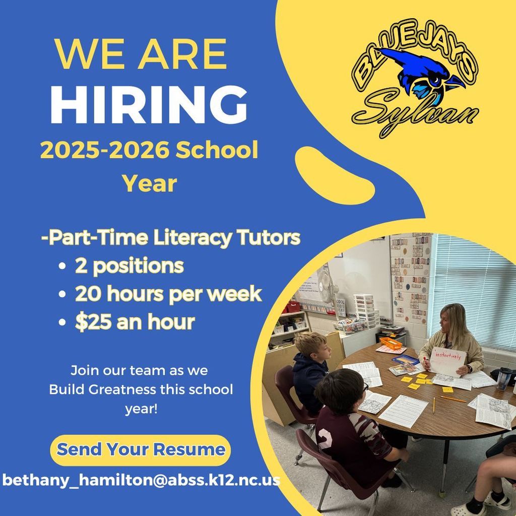 📚 Join Our Blue Jay Team! 💙💛 Sylvan Elementary is looking for two part-time Literacy Tutors who are passionate about helping students grow as readers! This is a wonderful opportunity to make a difference, build relationships, and support our mission of Building Greatness—one student at a time. If you love working with children and believe in the power of literacy, we’d love to have you on our team! ✏️ ➡️ Send your resume to: bethany_hamilton@abss.k12.nc.us #BuildingGreatness #BlueJayPride #LiteracyMatters #JoinOurTeam