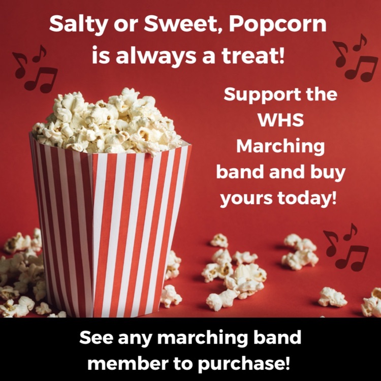 red and black background with white and red striped popcorn bucket with popcorn inside and white writing with black music notes