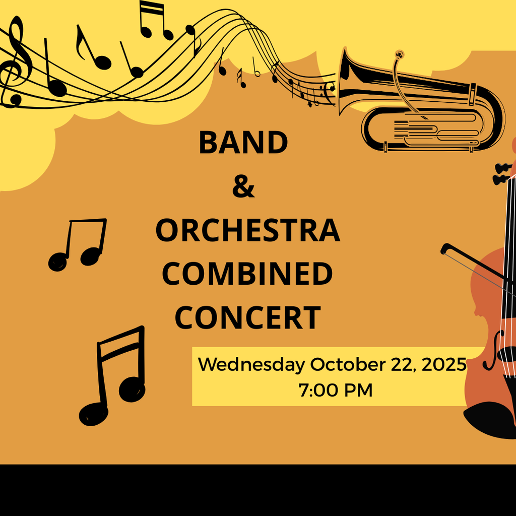 Dark yellow background with light yellow clouds, black music notes, black writing, a violin on the side and a tuba with a music staff coming out from the tuba.