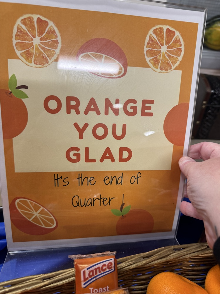 "Orange" you glad it's the end of Quarter 1??? Ms. Small & Mrs. Hamilton rolled out the "Woot Woot Wagon" today help our teachers and staff fuel up for a day full of Parent/Teacher Conferences tomorrow! #bluejaysbuildgreatness 💙💛