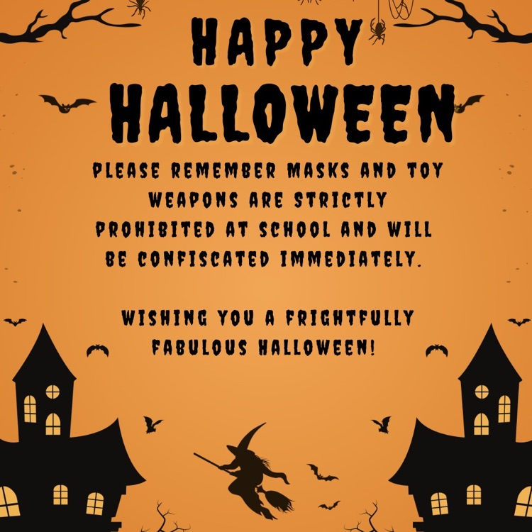 orange background with black letters, black house, spider, web and witch  silhouettes. 