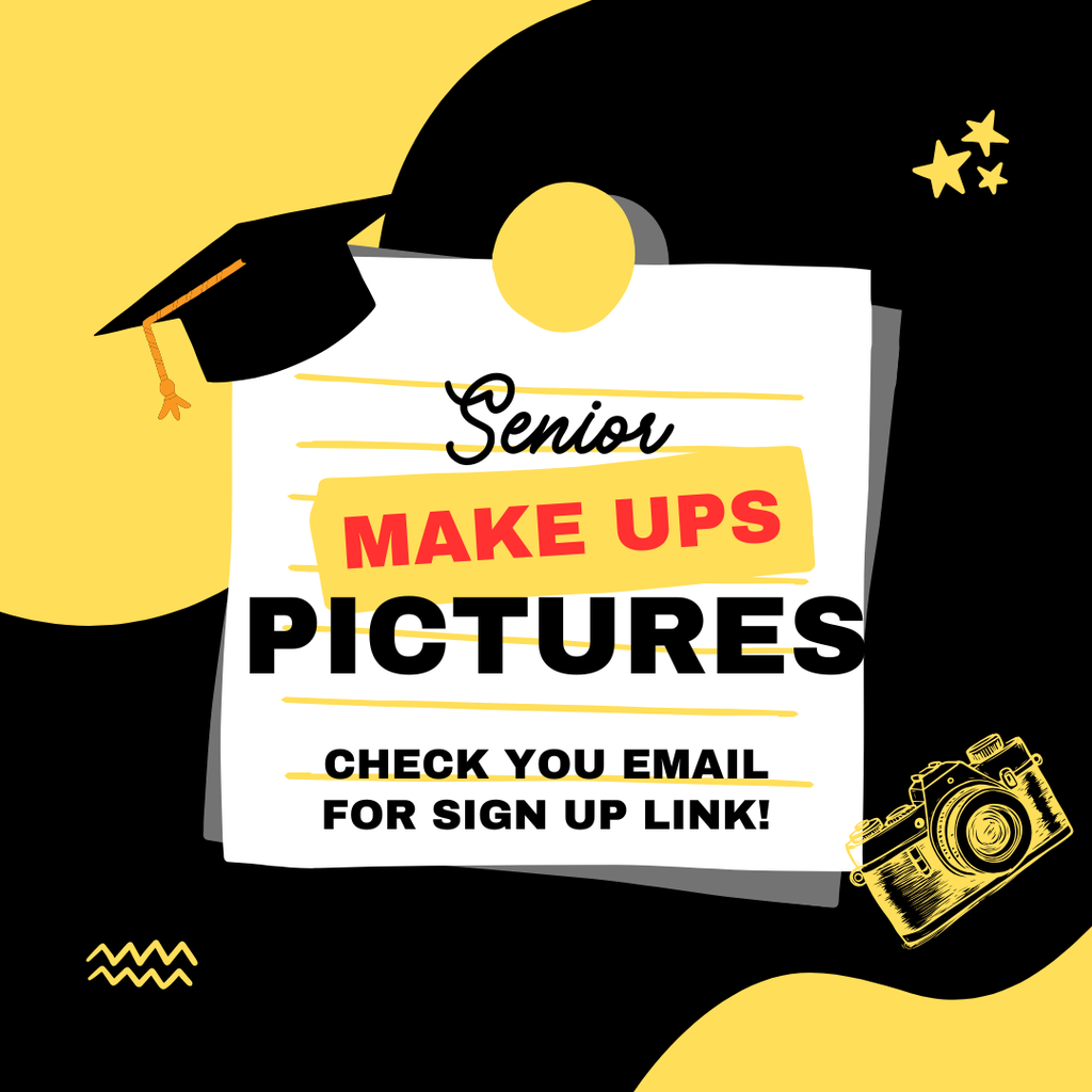 Yellow geometric shapes with a camera, notepad, and red and black lettering. 