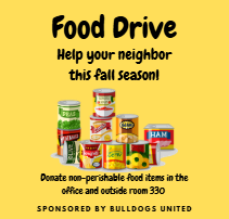 Yellow background with black words with canned food in the middle