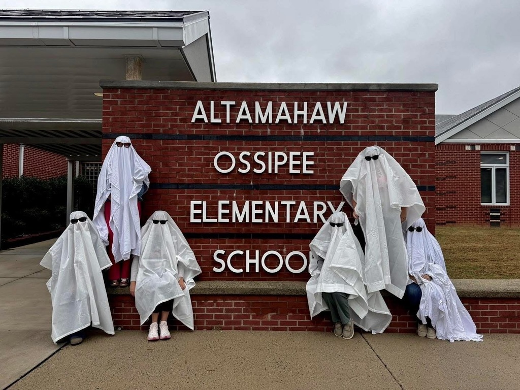 A bunch of staff members dressed as ghosts in front of the AO Elementary sign