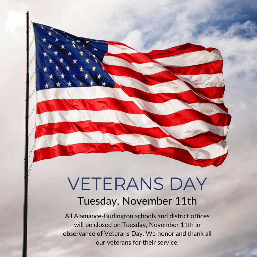 Veterans Day graphic with the date and notice that all schools and offices will be closed tomorrow.