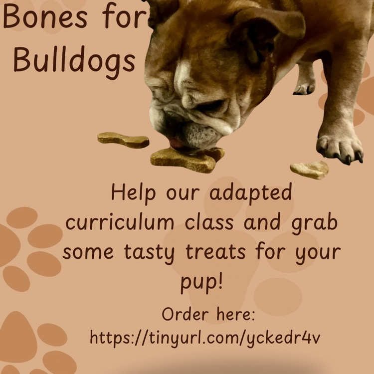 bulldog eating god biscuits on tan background with dog paws and dark brown writing