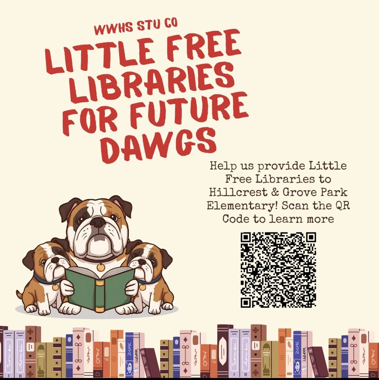 large bulldog reading to small bulldogs with books on a yellow background and a QR code.