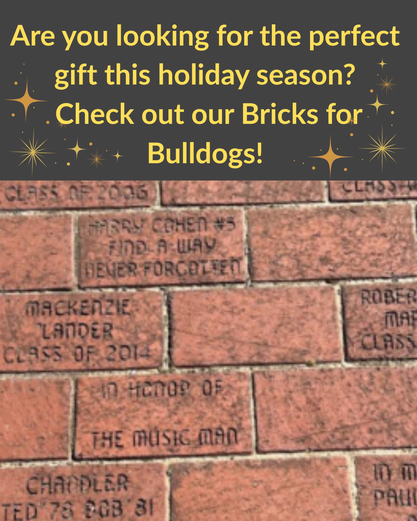 Black background with yellow writing and yellow stars and bricks with black engraving 