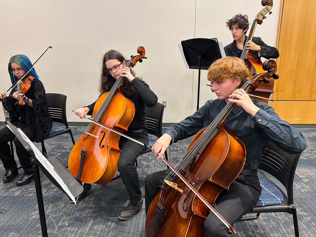 A close-up shot of four young string musicians performing: one violinist, two cellists, and a double bass player
