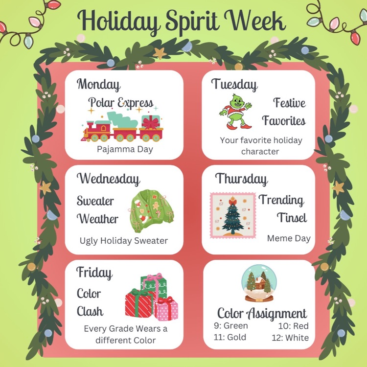 green background with red border around white rectangles with writing inside and holiday garland used as a frame. various holiday images including gifts, the grinch, and ornaments adorn the boxes