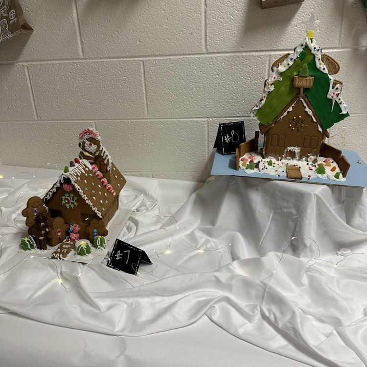 two gingerbread houses on white snowy background