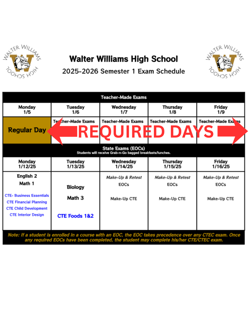 Calendar with exam dates and times