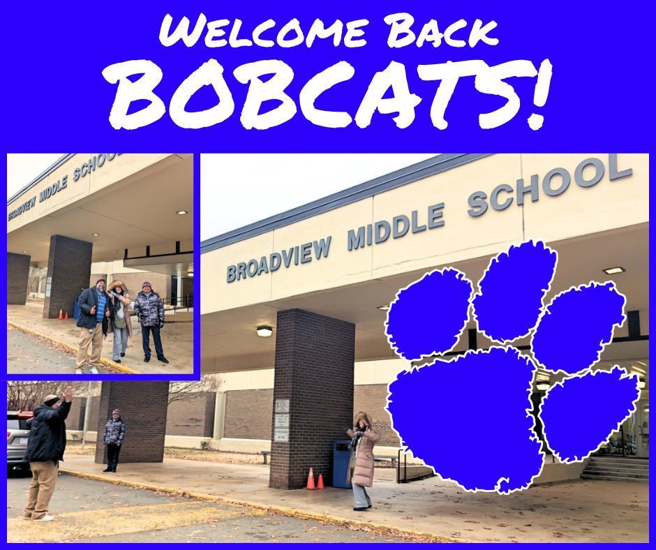 Welcome Back Bobcats text, Carpool Drop Off Crew Pictured with paw print logo