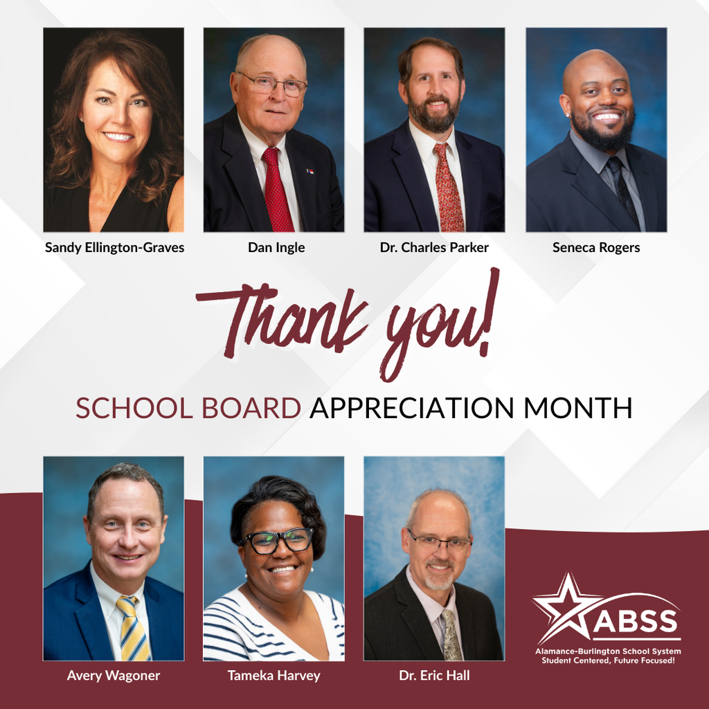 Board of Education appreciation graphic with seven portraits of the board members