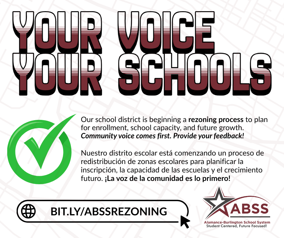  Our school district is beginning a rezoning process to plan for enrollment, school capacity, and future growth. Community voice comes first. Provide your feedback! Nuestro distrito escolar está comenzando un proceso de redistribución de zonas escolares para planificar la inscripción, la capacidad de las escuelas y el crecimiento futuro. ¡La voz de la comunidad es lo primero! bit.ly/abssrezoning 