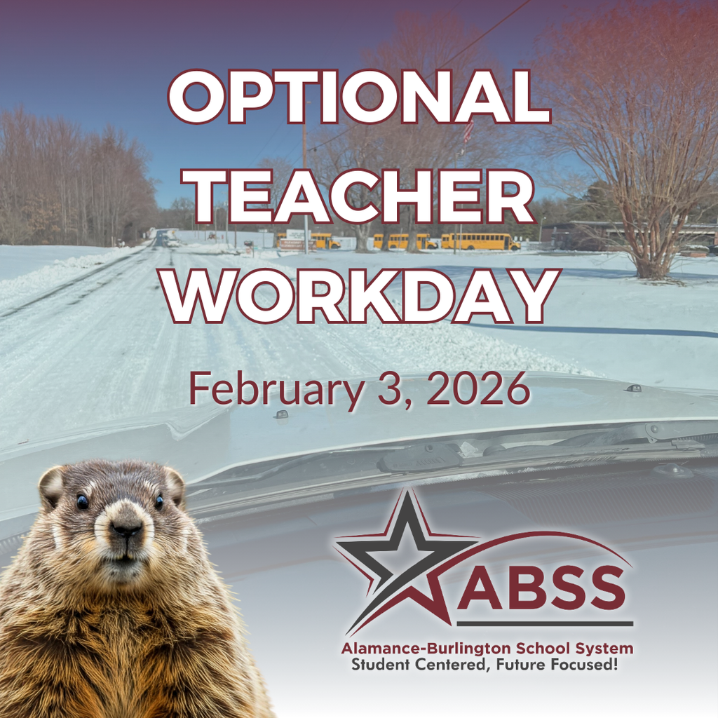 Graphic with a groundhog on the bottom corner and text Optional teacher workday, February 3, 2026 and ABSS logo.  Background is a road approaching school that is covered in snow and ice.