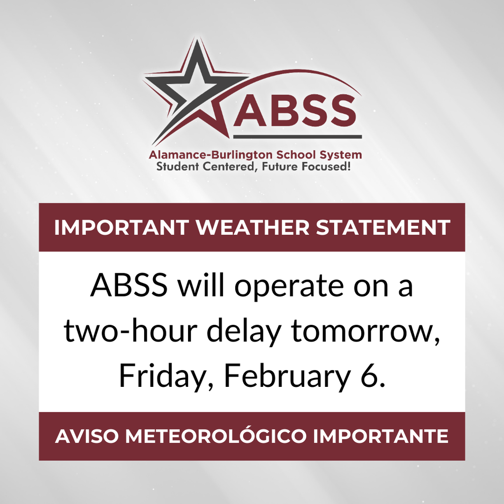 Alert graphic announcing a two hour delay for Friday, February 6